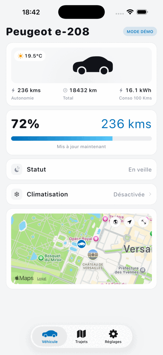 Écran Véhicule de Voltmate en mode démo : batterie à 72 %, autonomie 236 km, climatisation et carte de la position de la voiture